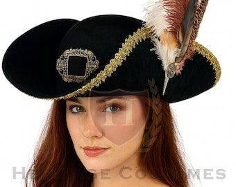 Queen of the Seas Buccaneer Hat – Adjustable Wide-Brim Pirate Hat with Feather & Gold Trim