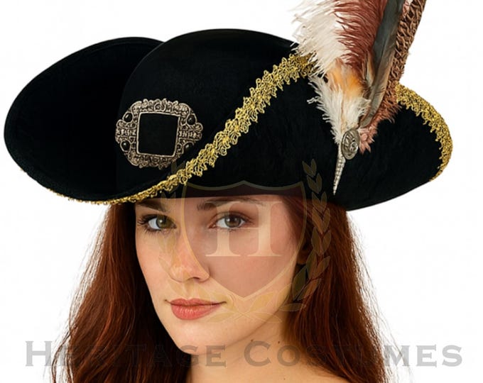 Queen of the Seas Buccaneer Hat – Adjustable Wide-Brim Pirate Hat with Feather & Gold Trim