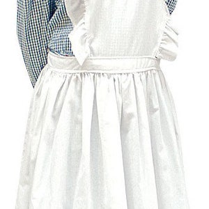 May include: A blue and white gingham dress featuring long sleeves and a high neckline, paired with a white apron. The apron has ruffled shoulder straps, a waistband, and a gathered skirt with a ruffled hemline that falls below the knees.