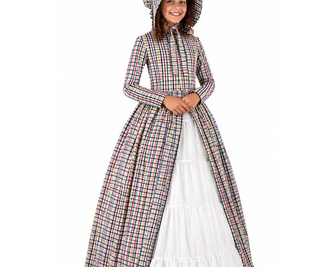Girls Victorian Plaid Dress Costume – Pioneer Prairie Outfit with Bonnet