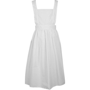 May include: A solid white apron featuring a square bib, wide shoulder straps, and a gathered skirt. The garment has a fitted waistband and a clean, simple design with a plain texture, providing full coverage from the chest down to the knees.