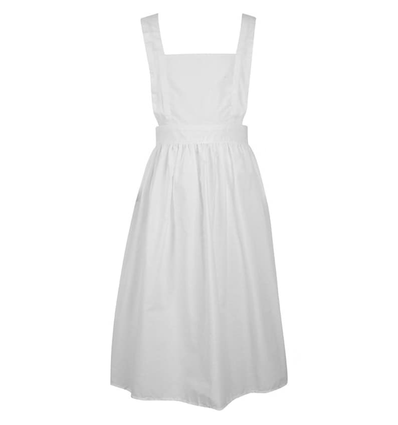 May include: A solid white apron featuring a square bib, wide shoulder straps, and a gathered skirt. The garment has a fitted waistband and a clean, simple design with a plain texture, providing full coverage from the chest down to the knees.