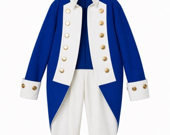 May include: A royal blue tailcoat featuring wide white lapels and cuffs, accented with two vertical rows of polished gold-tone buttons. The coat is paired with matching white trousers, creating a formal ensemble with a structured collar and long sleeves.