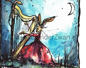 Harp Hare | Fine art giclee print | original illustration | handmade in UK | music gift | musician | the Moon | Music in a lunar landscape