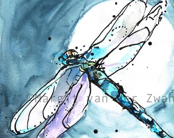 May include: Watercolor painting of a blue dragonfly with purple wings against a light blue background with white and black accents. The painting is signed "Mz '17".