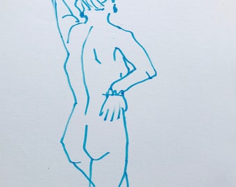 Stehen nackt : Machen Sie mir ein Angebot! Blauer Stift und Papier 30cm x 21cm Leben Zeichnung von weiblichen Akt von Margit van der Zwan original-Kunst