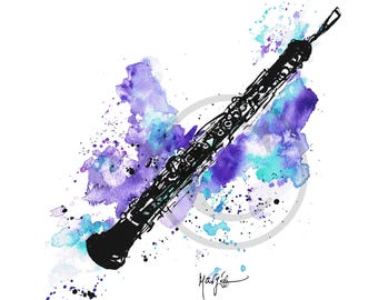 Oboe fine art, Giclee print of musical instrument drawing, created with a quill and watercolours, one in a series of music art illustrations