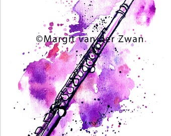 Peut inclure: Une peinture à l'aquarelle d'une flûte avec des éclaboussures de peinture violette et rose. La signature de l'artiste, "Margit van der Zwan", est visible dans le coin inférieur droit.