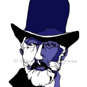 May include: A blue and white illustration of a man with a beard wearing a blue top hat. The man is looking to the right. The illustration is signed "Magidris" in the bottom right corner.
