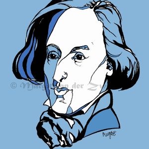 Peut inclure: Un dessin au trait noir et blanc d'une personne aux cheveux bleus et une veste bleue. La personne regarde sur le c&ocirc;t&eacute; et a le menton reposant sur sa main. Le dessin est sur un fond bleu clair.