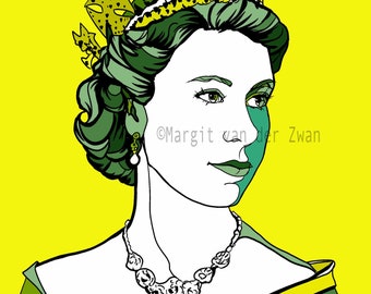 May include: A digital illustration of a woman wearing a crown with a green and yellow color scheme. The woman's face is partially obscured by a green mask. The text "Margit van der Zwan" is visible in the lower right corner of the image.