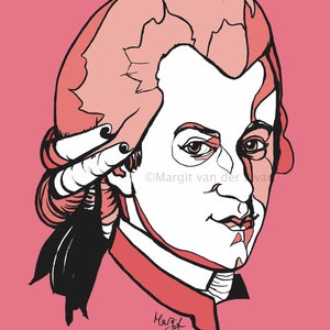 Peut inclure: Un dessin au trait d'une t&ecirc;te et des &eacute;paules d'une personne. La personne porte une perruque rose et a un visage blanc. Le dessin est sur un fond rose. Le texte "Margit van der wa" est dans le coin inf&eacute;rieur droit de l'image.