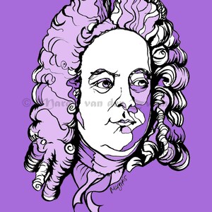 Peut inclure: Un dessin au trait noir et blanc d'un homme avec une grande perruque boucl&eacute;e. L'homme porte une chemise blanche avec une cravate violette. Le fond est violet.