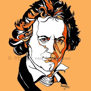 Peut inclure: Un dessin au trait noir et blanc d'un homme aux cheveux orange. L'homme regarde vers la droite. Le dessin est sur un fond orange clair. La signature "Margittis" est en bas &agrave; droite.