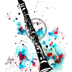 May include: A black and white illustration of a clarinet with blue and red watercolour splatters in the background.