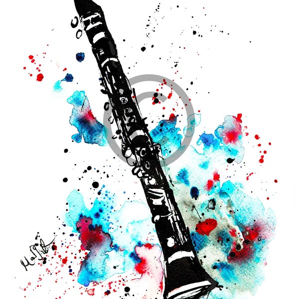 Clarinet drawing, handmade illustration, poster art, wall decoration, practice room, music, musician, woodwind, gift, orchestra, player