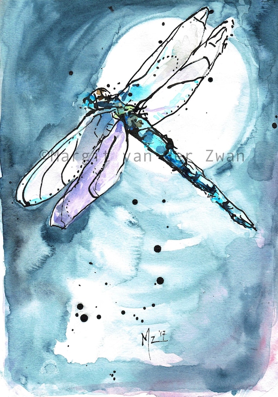 Blue dragonfly 1  Watercolor ink-pen illustration Art Print by