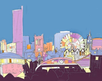 Manchester city skyline contemporary art print of handmade drawing A4 size England poster wall art artwork Made in Manchester UK
