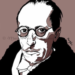 May include: A black and white line drawing of a man with a moustache wearing glasses. The man is wearing a dark suit and a white shirt. The background is a light brown colour.