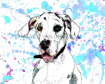 Custom pet portrait, made with your input in collaboration with the artist. Based on photos. Colourful and quirky present for dog lover.