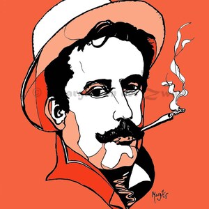 Peut inclure: Un dessin au trait noir et blanc d'un homme avec une moustache portant un chapeau et fumant une cigarette. L'arri&egrave;re-plan est de couleur orange unie. La signature "Margits" est en bas &agrave; droite.