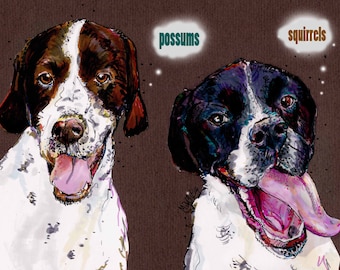 CUSTOM PET portrait two animals contemporary handmade art print with your caption A4 - colourful and a bit zany -  unique humorous gift idea