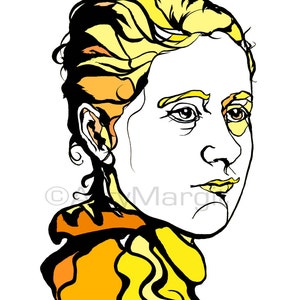 Puede incluir: Un dibujo a línea de una persona con cabello amarillo y naranja, que lleva una bufanda con estampado amarillo y naranja. El dibujo está en blanco y negro con acentos amarillos y naranja.