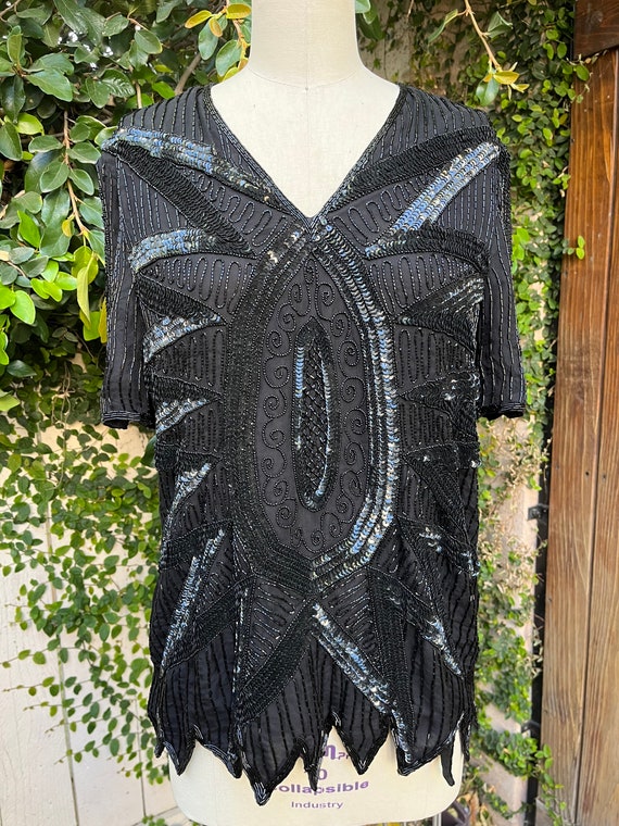 Vintage 1980s Beaded Embellished Sequin Black Sil… - image 10