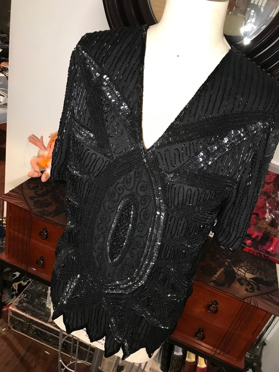 Vintage 1980s Beaded Embellished Sequin Black Sil… - image 8