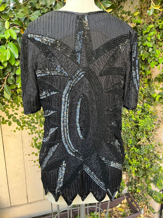 Vintage 1980s Beaded Embellished Sequin Black Sil… - image 4