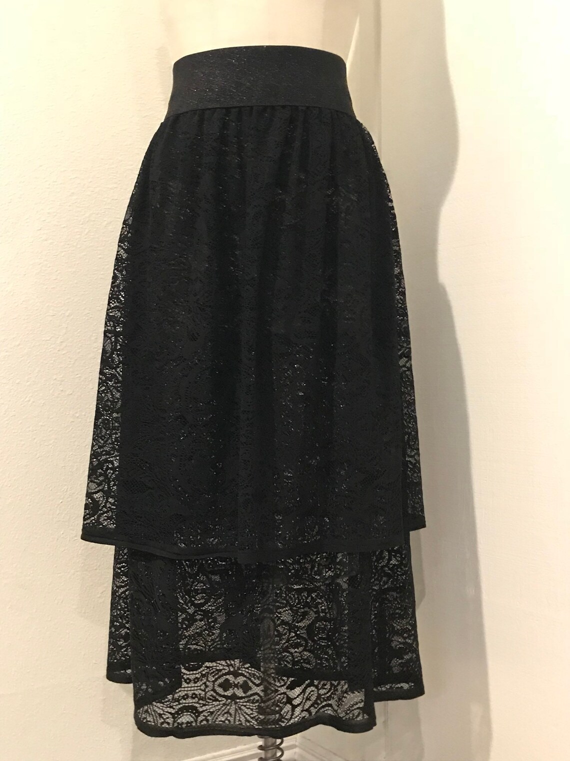 Black Lace Tiered Goth Vampire Skirt with Stretch Sparkle | Etsy