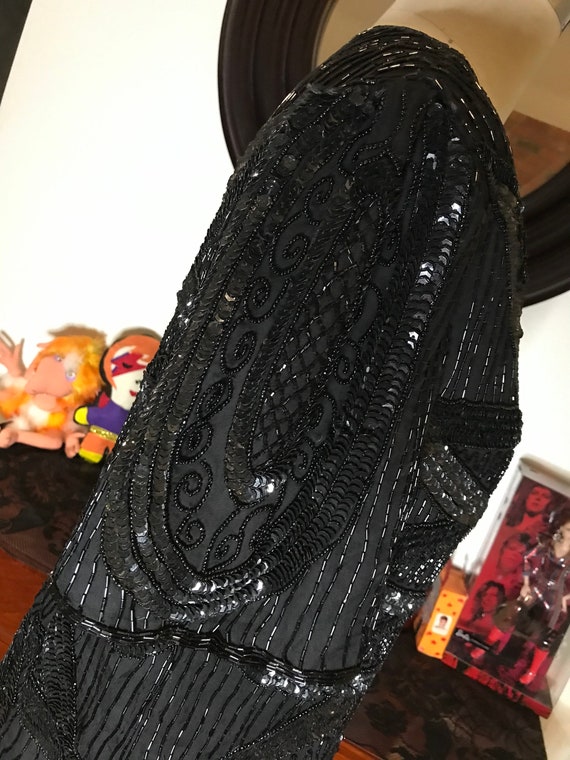 Vintage 1980s Beaded Embellished Sequin Black Sil… - image 6