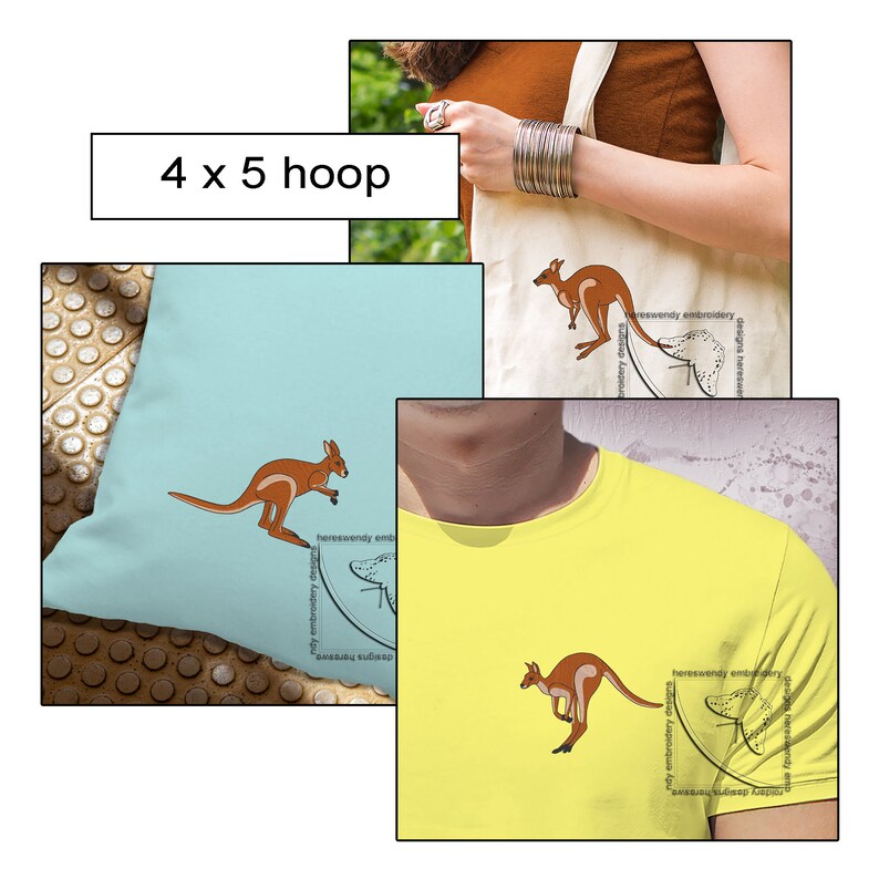 Machine embroidery design colour bundle samples of brown kangaroos, stitched on  various items. 
Label says “4 x 5 Hoop”
