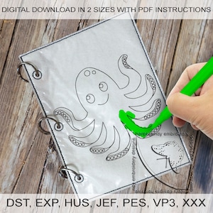 May include: A black and white outline of an octopus with a smiling face. The octopus is on a white background with a green marker being used to color it in. The text "na embroidery designs" is visible in the lower right corner of the image.