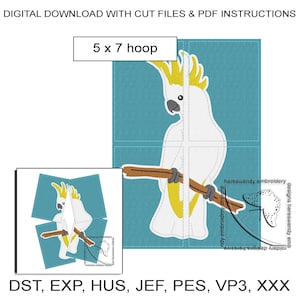 May include: A digital embroidery design of a white cockatoo with a yellow crest perched on a branch. The design is divided into four sections for easy embroidery. The design is for a 5x7 hoop and includes the file formats DST, EXP, HUS, JEF, PES, VP3, and XXX.