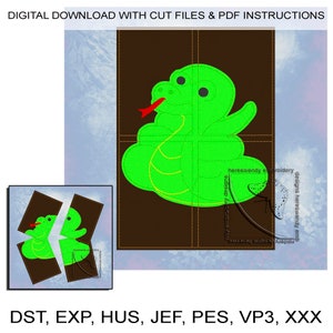 May include: A green snake with a red tongue is curled up on a brown background. The snake is divided into four sections, with the text "DST, EXP, HUS, JEF, PES, VP3, XXX" at the bottom of the image.