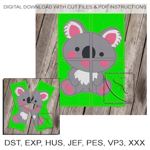 May include: A digital download of a koala puzzle embroidery design. The design is divided into four pieces and is shown on a green background. The design is available in the following formats: DST, EXP, HUS, JEF, PES, VP3, and XXX.