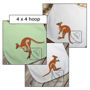 Machine embroidery design colour bundle samples of brown kangaroos, stitched on  various items. 
Label says “4 x 4 Hoop”