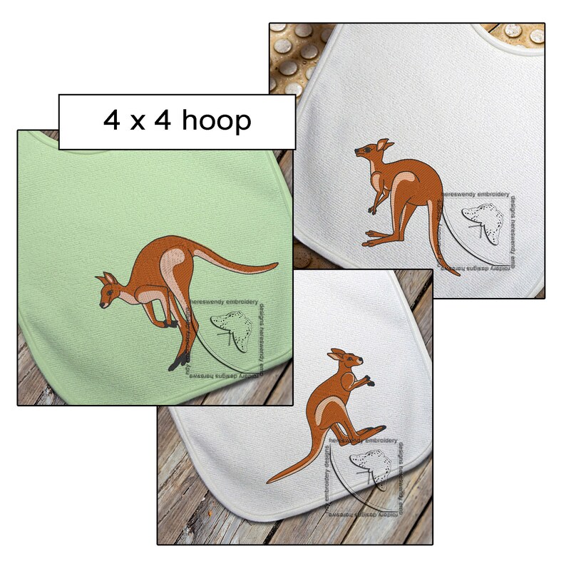 Machine embroidery design colour bundle samples of brown kangaroos, stitched on  various items. 
Label says “4 x 4 Hoop”