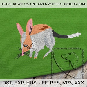 Könnte beinhalten: Stickdatei eines kleinen, grauen, braunen und rosafarbenen Bandicoots mit einer langen Schnauze. Das Design ist auf grünem Hintergrund mit dem Text "hereswendy embroidery designs" in einem weißen Kasten.