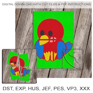 May include: A digital download of a four-piece puzzle featuring a red, yellow, blue, and green bird. The puzzle pieces are labeled with the file formats DST, EXP, HUS, JEF, PES, VP3, and XXX.