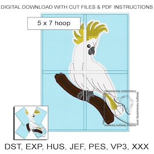 May include: Digital embroidery design of a white cockatoo with a yellow crest perched on a brown branch. The design is for a 5x7 hoop and includes the file formats DST, EXP, HUS, JEF, PES, VP3, and XXX.