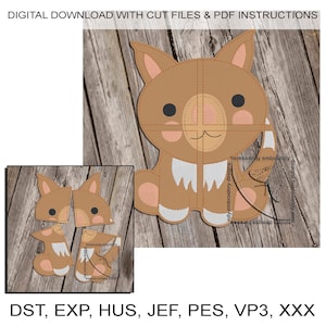 May include: A digital download of a cut file for a brown and pink cartoon wombat. The file is available in DST, EXP, HUS, JEF, PES, VP3, and XXX formats. The image shows the wombat cut into five pieces.