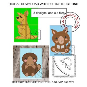 May include: A digital download of three embroidery designs featuring a kangaroo, a wombat, and a platypus. The designs are in a cartoon style and are perfect for creating cute and whimsical projects. The designs are available in a variety of formats, including DST, EXP, HUS, JEF, PCS, PES, XXX, VIP, and VP3.