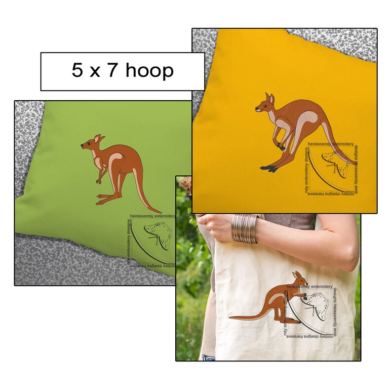 Machine embroidery design colour bundle samples of brown kangaroos, stitched on  various items. 
Label says “5 x 7 Hoop”