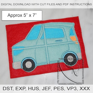 May include: A light blue car embroidery design on a red felt background. The design is approximately 5 inches by 7 inches. The design is available in the following formats: DST, EXP, HUS, JEF, PES, VP3, and XXX.