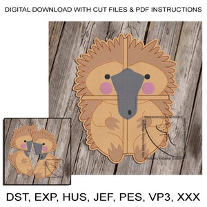 May include: A digital download of an embroidery design for a cartoon echidna. The design is divided into five pieces for easier stitching. The design is in brown, gray, and pink colors. The text "DST, EXP, HUS, JEF, PES, VP3, XXX" is at the bottom of the image.