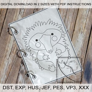 May include: A black and white line art digital embroidery design of a cartoon echidna. The design is available in two sizes and includes PDF instructions. The file formats included are DST, EXP, HUS, JEF, PES, VP3, and XXX.