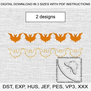 May include: Two designs of a bat border embroidery pattern. The top design is orange and the bottom design is yellow. The text "DST, EXP, HUS, JEF, PES, VP3, XXX" is at the bottom of the image.