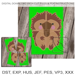 May include: A digital download of a cut file for an echidna embroidery design. The design is divided into five sections, with the echidna's head, body, and legs each separated. The echidna is brown with pink cheeks and a brown nose. The background is green. The file formats included are DST, EXP, HUS, JEF, PES, VP3, and XXX.